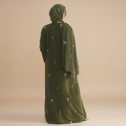 فستان نيدا مفتوح من العباءة المطرزة بالورود مع حجاب متناسق #251120