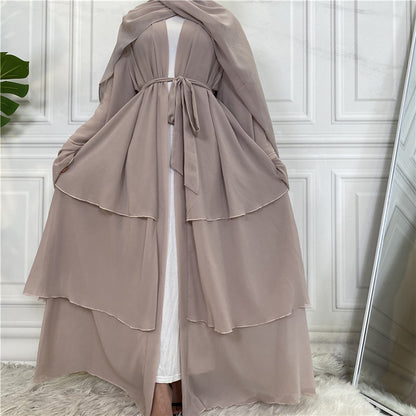 Apricot - S & L - 3 Layer Chiffon Open Abaya Dress