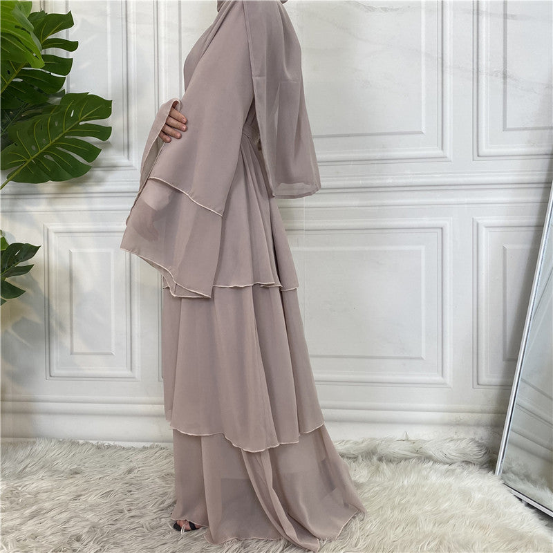 Apricot - S & L - 3 Layer Chiffon Open Abaya Dress