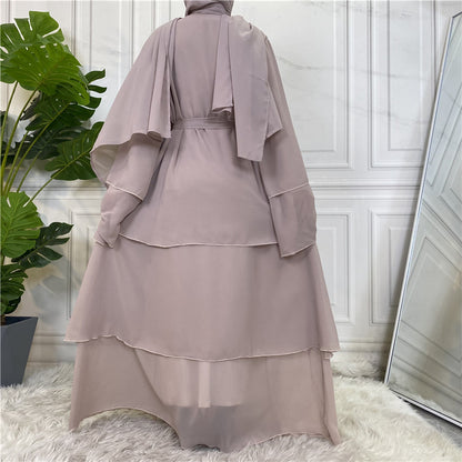 Apricot - S & L - 3 Layer Chiffon Open Abaya Dress