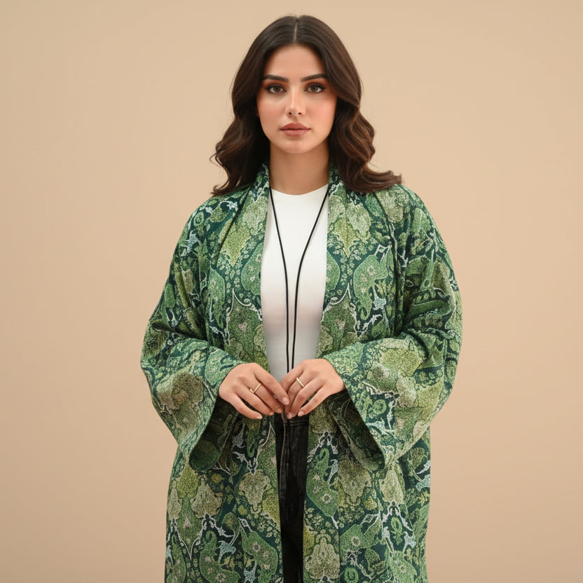 Matching Hijab Green Floral Printed Cardigan Open Abaya Dress