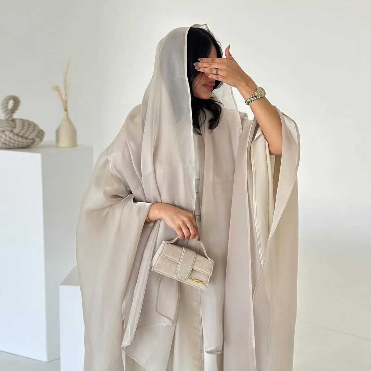 Shiny Satin Open Abaya Dress With Matching Hijab #25230