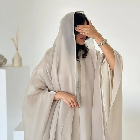 عباية مفتوحة من الساتان اللامع مع حجاب متناسق #25230