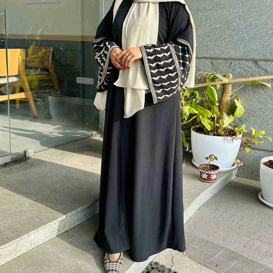 فستان عباية مفتوح بأكمام مطرزة للنساء المسلمات