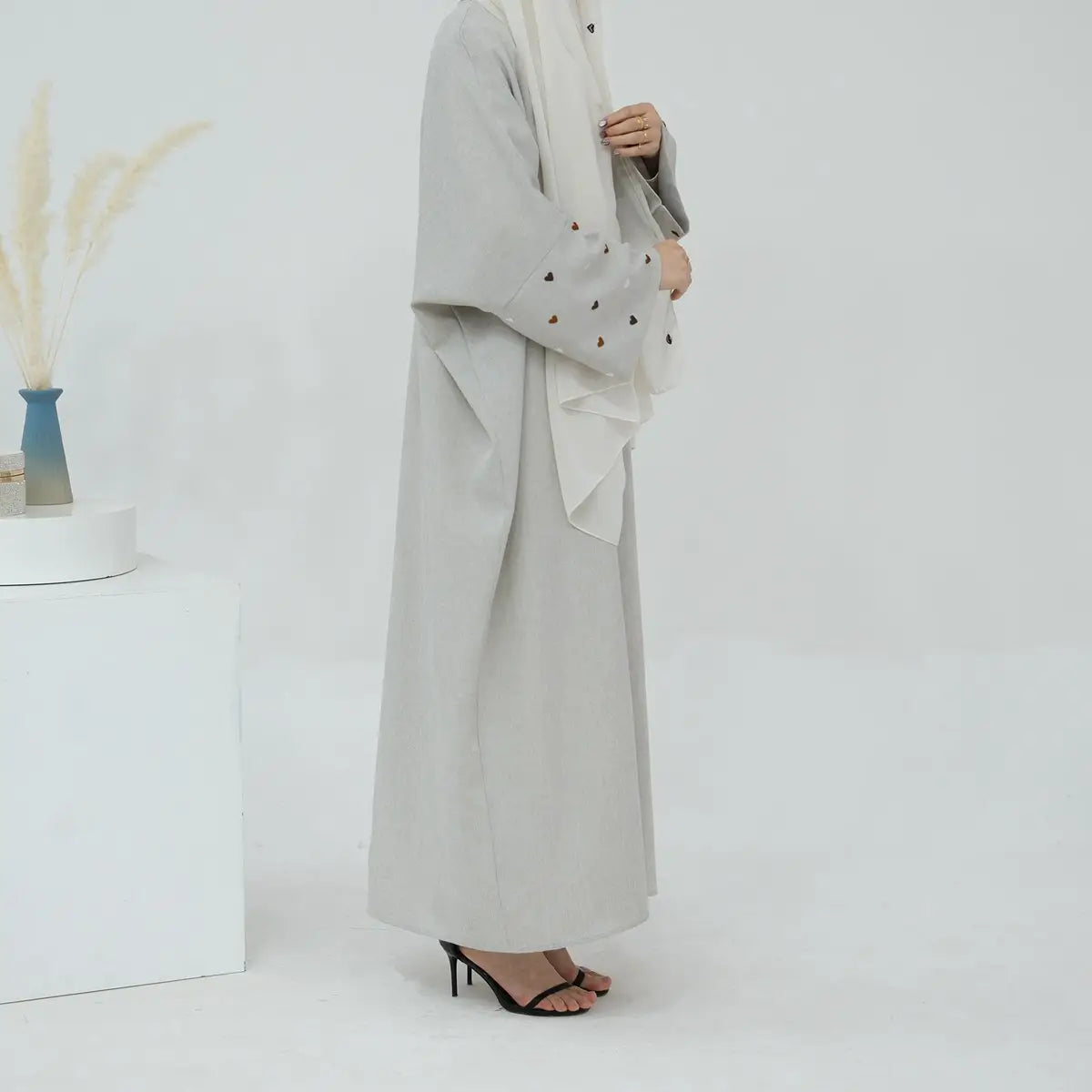 Heart Embroidery Cardigan Open Abaya Dress