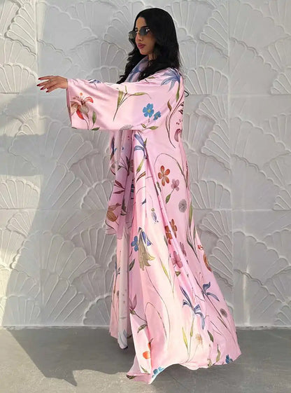 Muslim Women Printed Cardigan Open Abaya Dress With Matching Hijab #25252