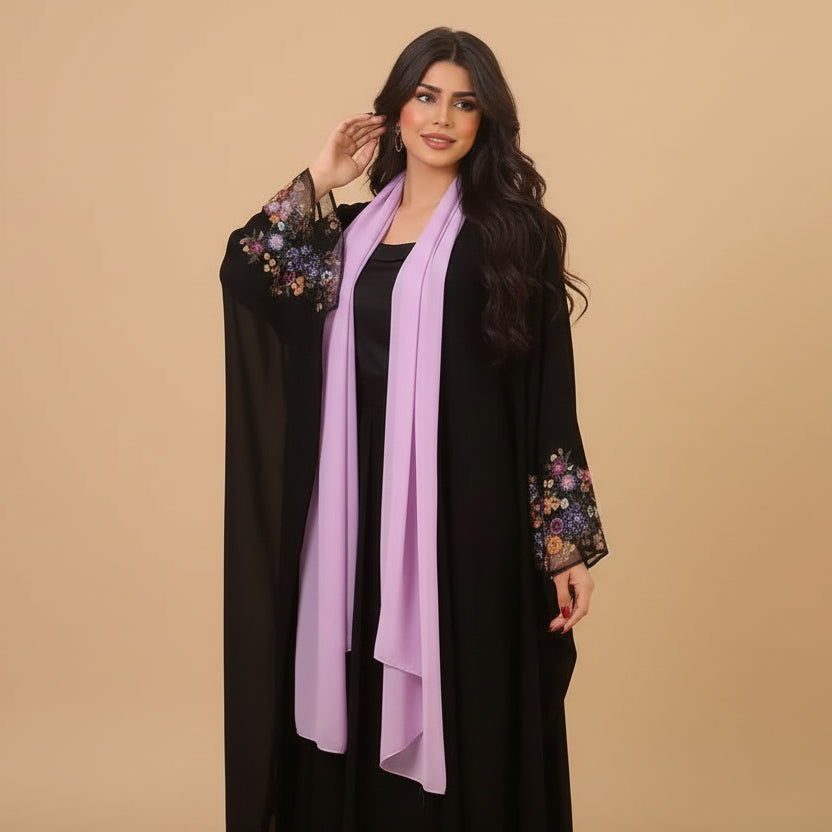 فستان عباية مفتوح بأكمام من الزهور مع حجاب #25208