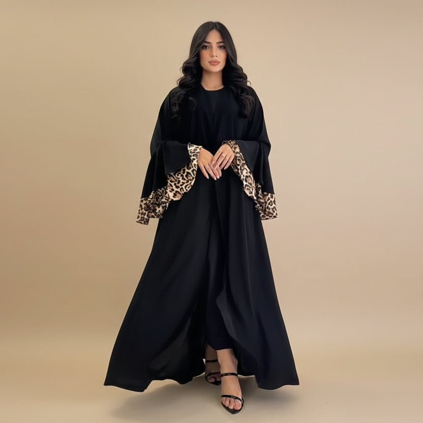 Leopard Print Cuff Cardigan Open Abaya Dress