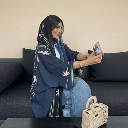فستان عباية مفتوح من كارديجان مطبوع للنساء المسلمات في دبي مع حجاب متناسق #25237
