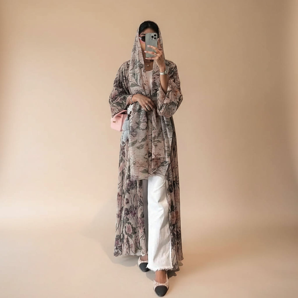 Printed Pleated Open Abaya Dress With Matching Hijab #25231