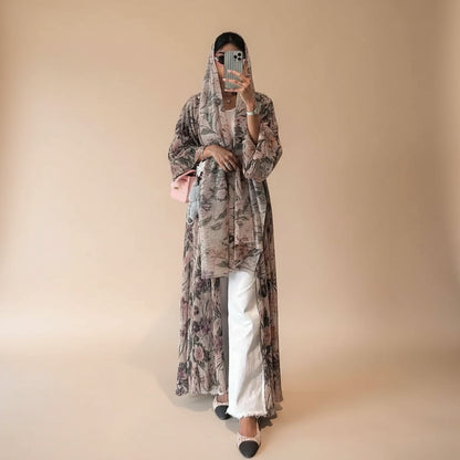 Printed Pleated Open Abaya Dress With Matching Hijab #25231