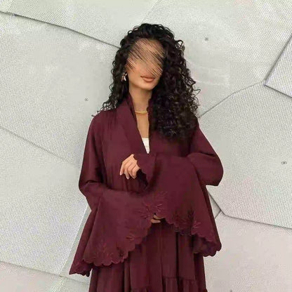 Embroidery Flare Sleeve Cardigan Open Abaya Dress #25232