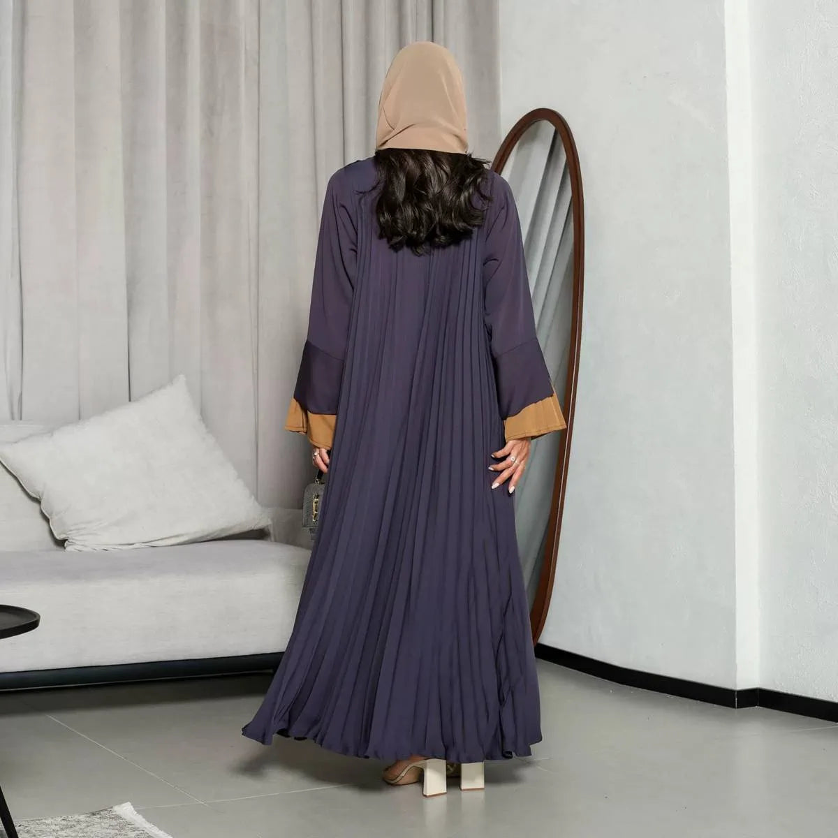 عباية نسائية مفتوحة - مطوية - مخمل ساتان - رمادي - #25171
