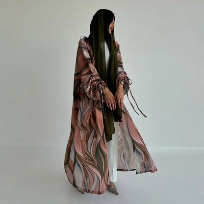 Drawstring Cuff Wrinkle Cardigan Open Abaya Dress #25207