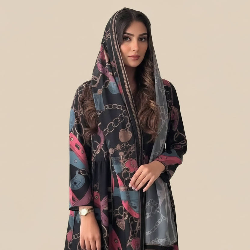 Printed Cardigan Open Abaya Dress With Matching Hijab For Muslim Women #25234