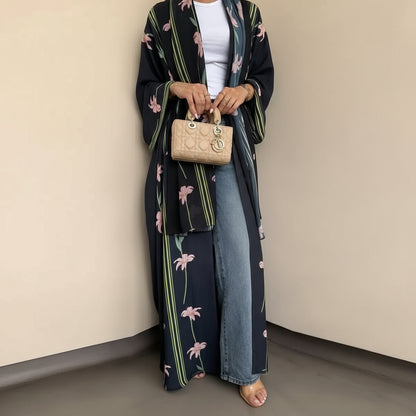 فستان عباية مفتوح من كارديجان مطبوع للنساء المسلمات في دبي مع حجاب متناسق #25237