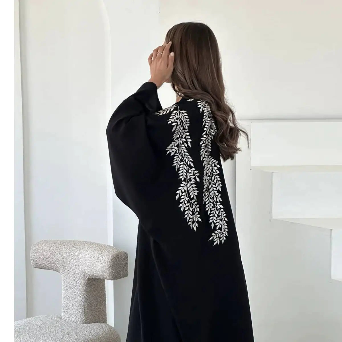 فستان كارديجان مفتوح من الأمام - تطريز - أسود - #25188