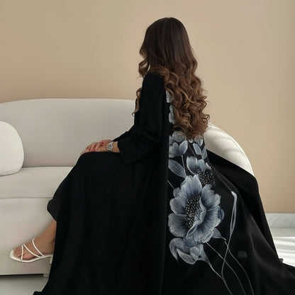 Muslim Women Printed Beads Cardigan Open Abaya Dress #25240