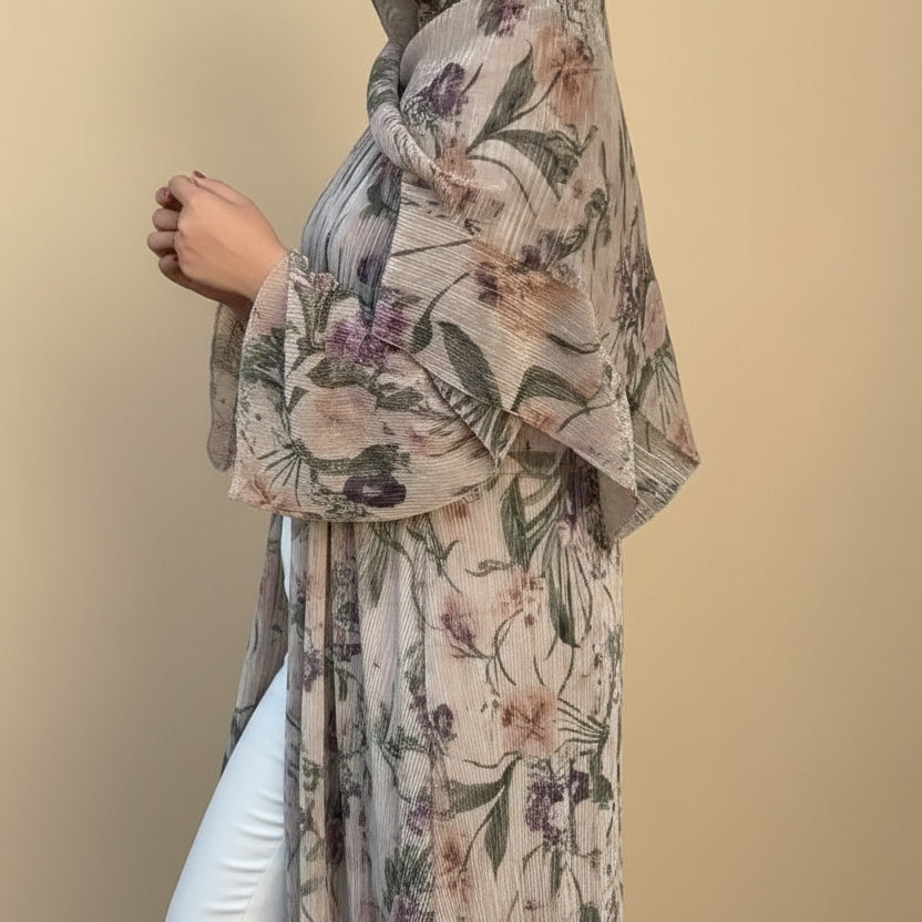 عباية مفتوحة مطوية مطبوعة مع حجاب متناسق #25231