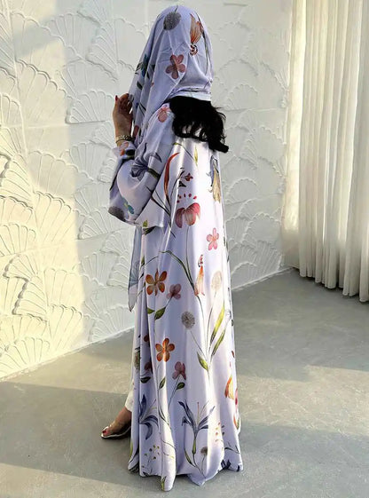 Muslim Women Printed Cardigan Open Abaya Dress With Matching Hijab #25252