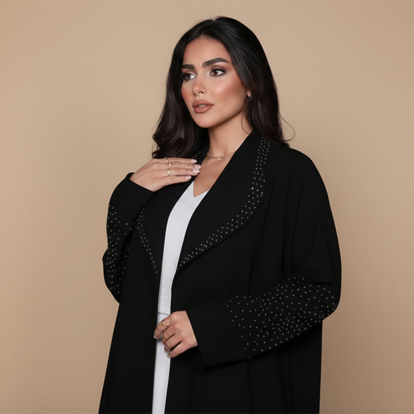 Hotfix Rhinestones Cardigan Open Abaya Dress - Black - #25206