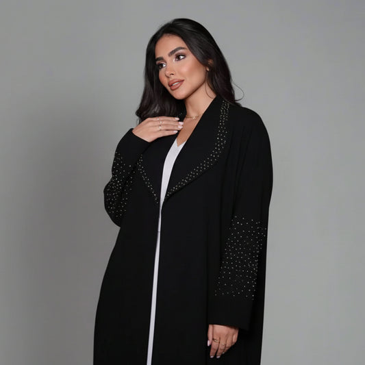 Hotfix Rhinestone Cardigan Open Abaya Dress - Black - #25206