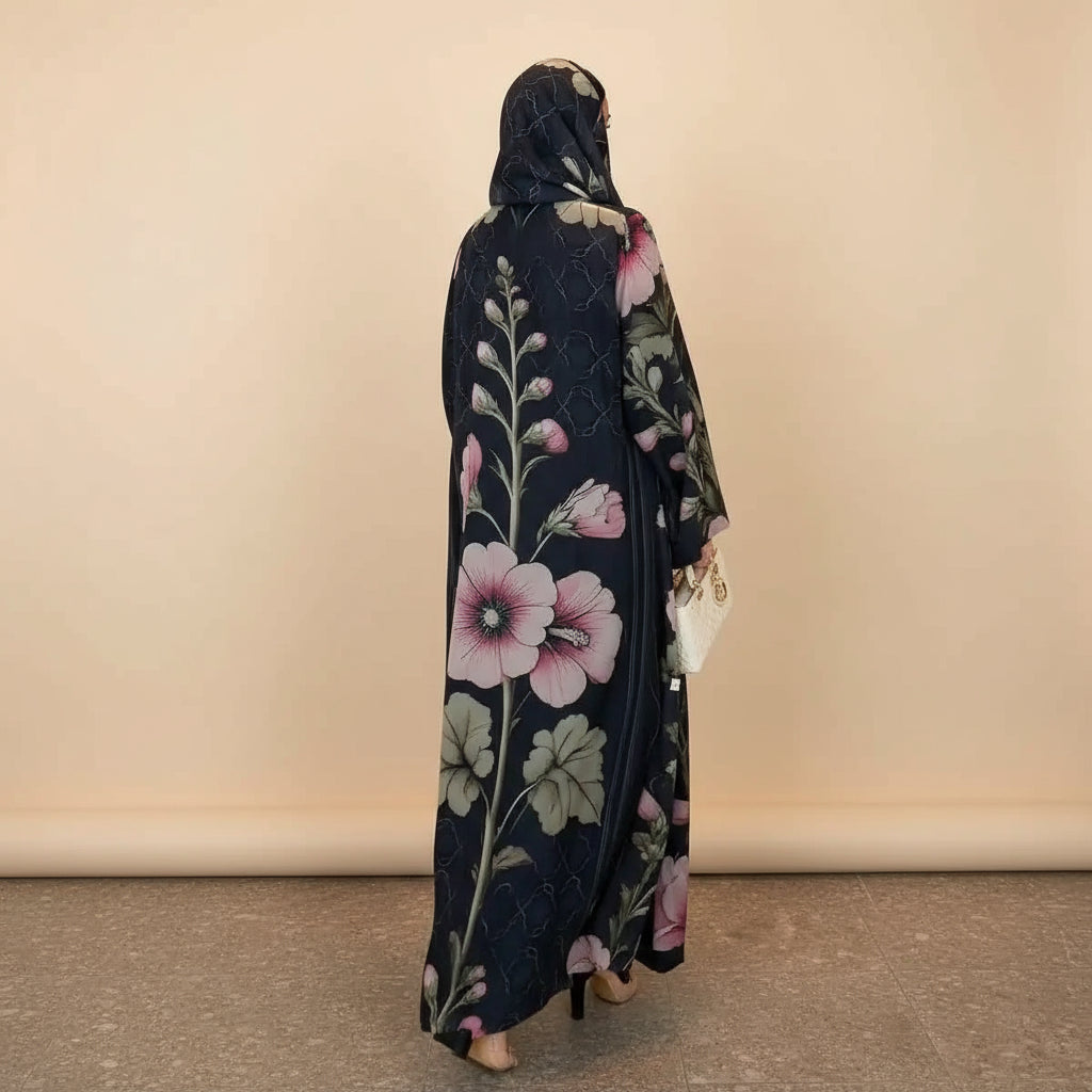 With Matching Hijab Muslim Women Printed Cardigan Open Abaya Dress #25239