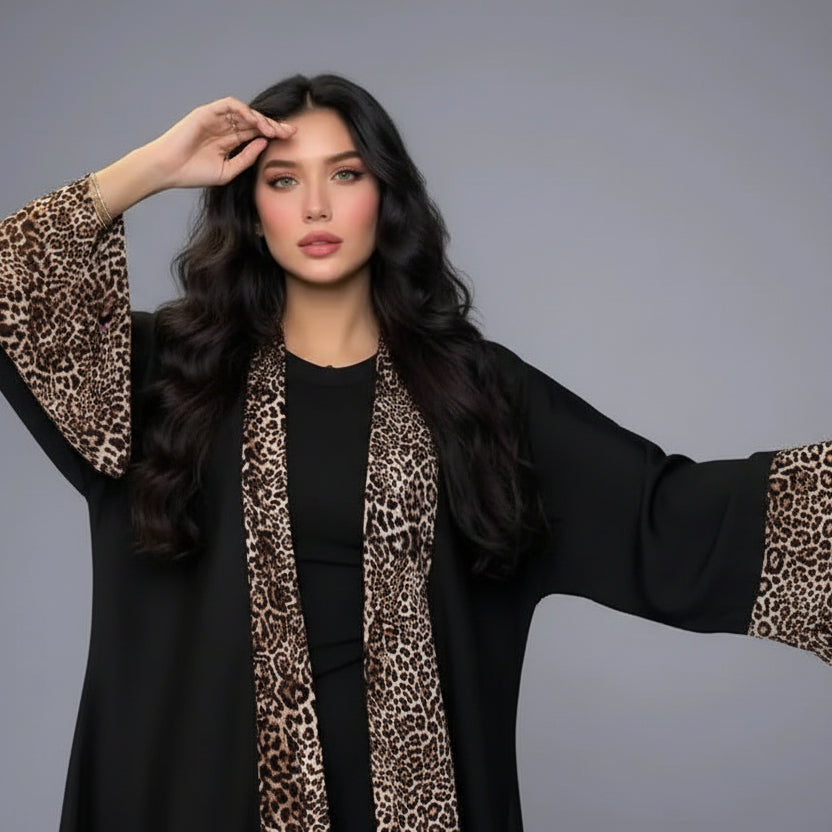 Leopard Printed Cardigan Open Abaya Dress With Matching Hijab #25194