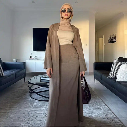 طقم عباية مفتوح مع تنورة للنساء المسلمات من قطعتين #251072