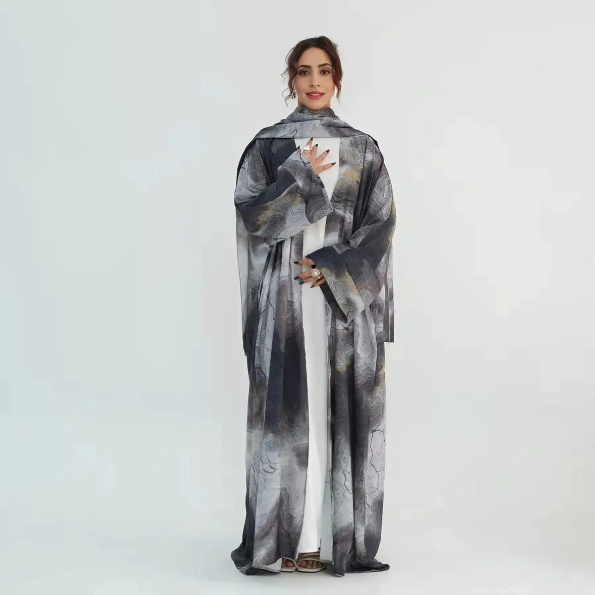 Muslim Women Printed Open Abaya Dress With Matching Hijab #251158