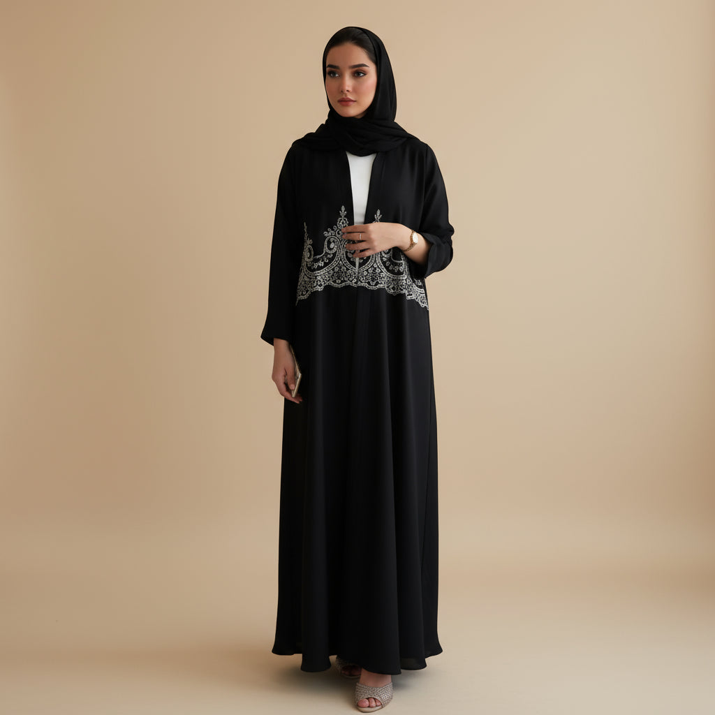 Muslim Women Islamic Applique Embroidery Cardigan Open Abaya Dress #25247