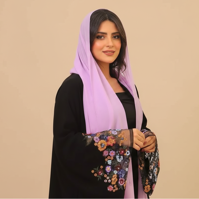 Flower Sleeve Cardigan Open Abaya Dress With Hijab #25208
