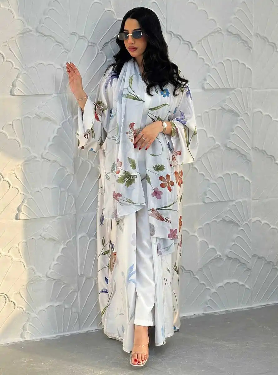 Muslim Women Printed Cardigan Open Abaya Dress With Matching Hijab #25252