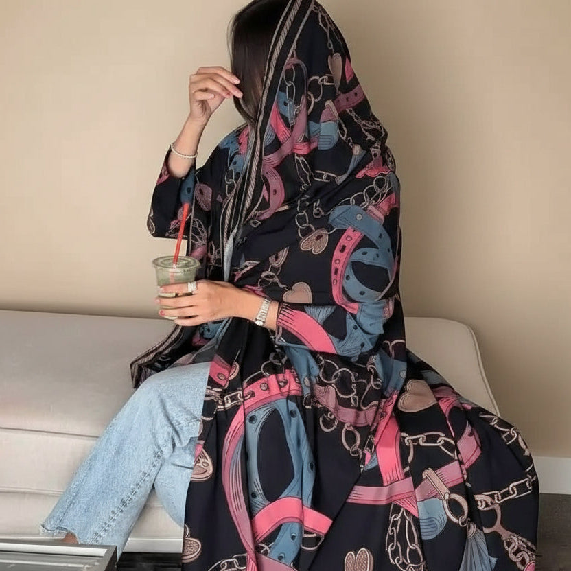 Printed Cardigan Open Abaya Dress With Matching Hijab For Muslim Women #25234
