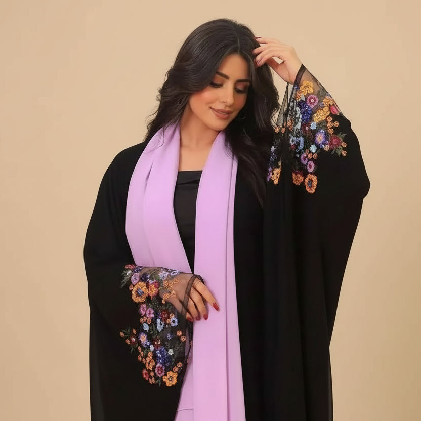 فستان عباية مفتوح بأكمام من الزهور مع حجاب #25208