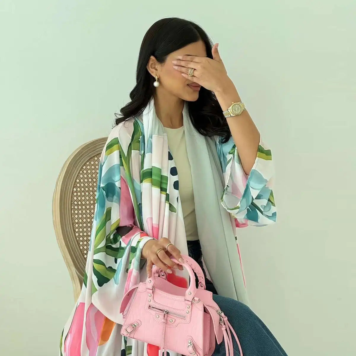 With Matching Hijab Muslim Women Printed Open Abaya Dress #25244