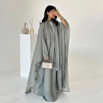 Shiny Satin Open Abaya Dress With Matching Hijab #25230