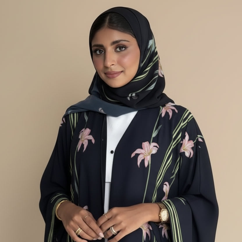 Muslim Women Dubai Printed Cardigan Open Abaya Dress With Matching Hijab #25237