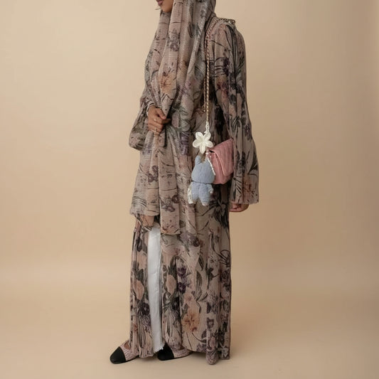 Printed Pleated Open Abaya Dress With Matching Hijab #25231