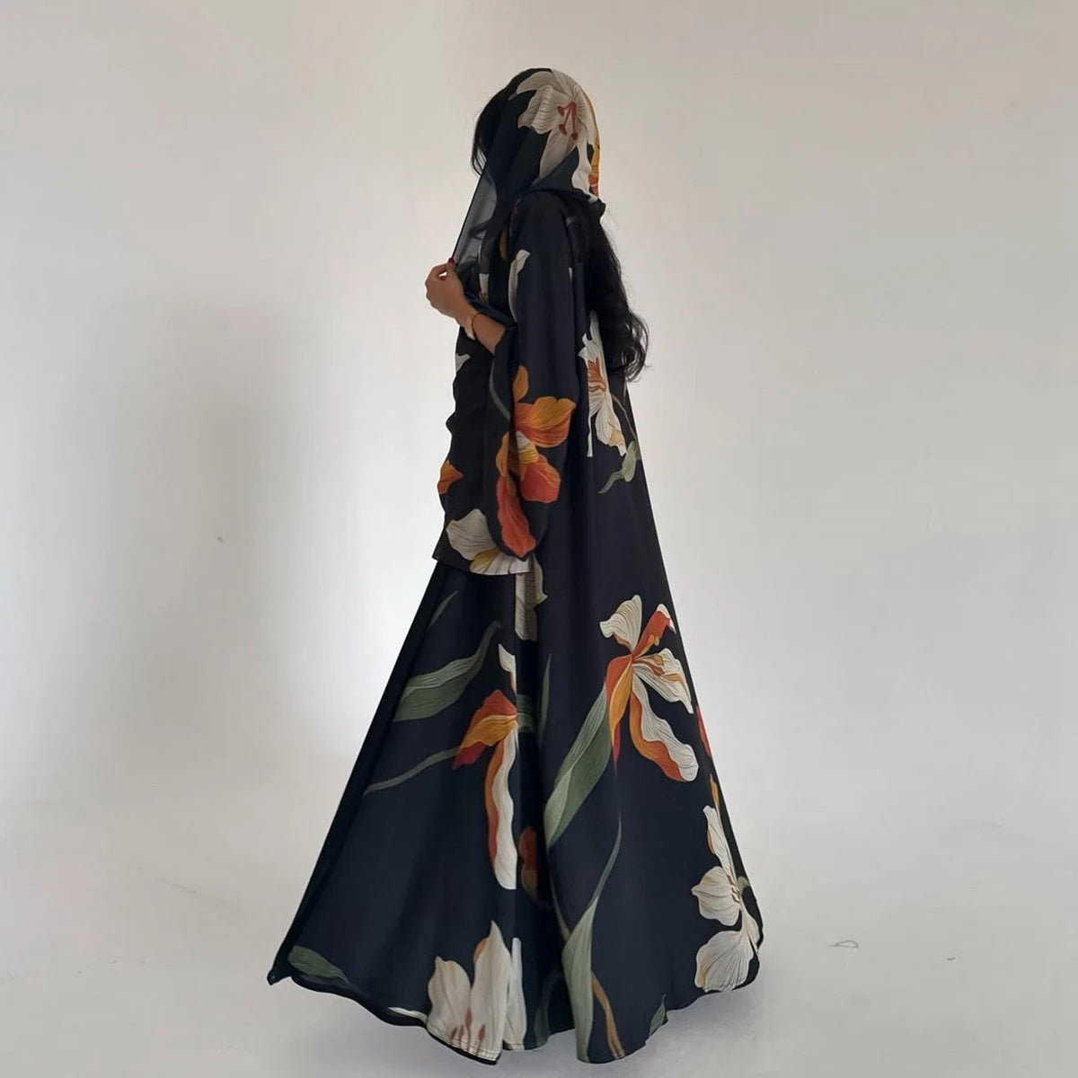 فستان عباية مفتوح مع كارديجان مطبوع متناسق مع الحجاب للنساء المسلمات #25238