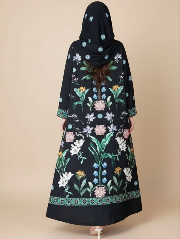 Printed Cardigan Open Abaya Dress With Matching Hijab For Muslim Women #25236