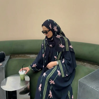 فستان عباية مفتوح من كارديجان مطبوع للنساء المسلمات في دبي مع حجاب متناسق #25237