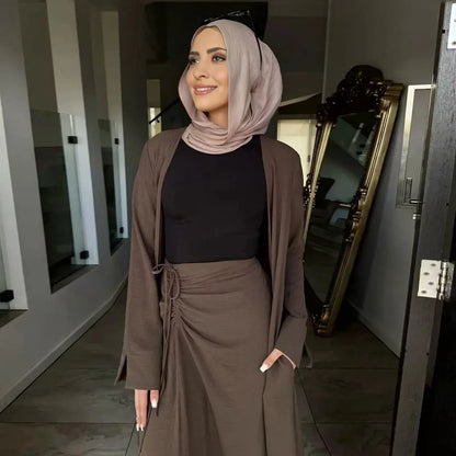طقم ملابس يومية للنساء المسلمات مكون من قطعتين عباية مفتوحة مع تنورة #251091
