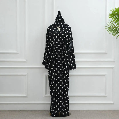 Polka Dot Print Cardigan Open Abaya Dress With Matching Hijab #251119