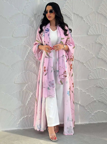 Muslim Women Printed Cardigan Open Abaya Dress With Matching Hijab #25252