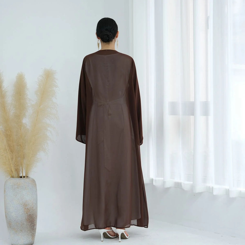 3 Pieces Set Open Abaya Dress Set With Inner Abaya Dress And Matching Hijab #25W842