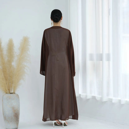 3 Pieces Set Open Abaya Dress Set With Inner Abaya Dress And Matching Hijab #25W842
