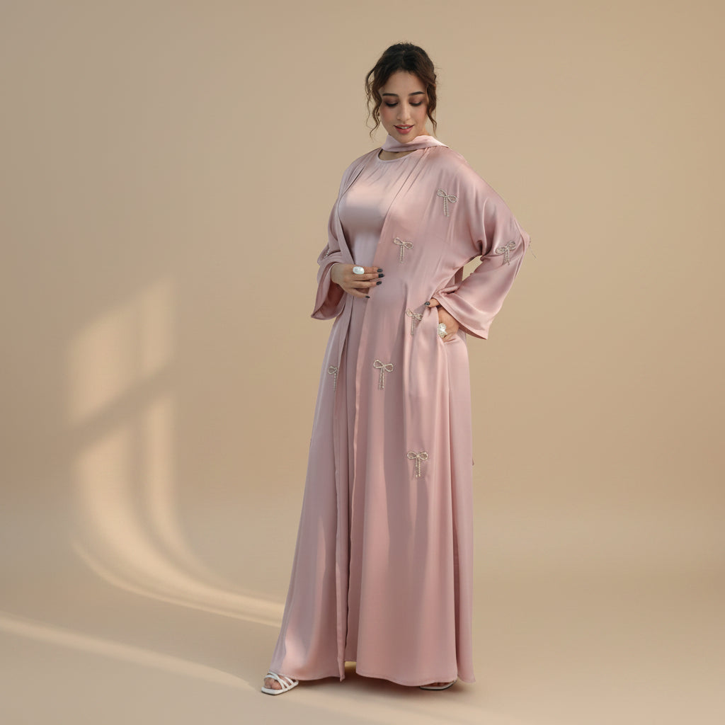 2 Pieces Set Hot-fix Rhinestone Bows Open Abaya Dress - With Inner Sleeveless Abaya Dress - #261181