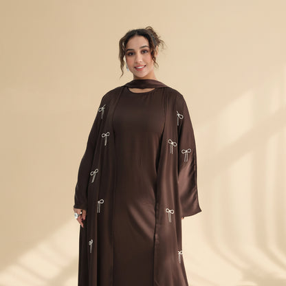 2 Pieces Set Hot-fix Rhinestone Bows Open Abaya Dress - With Inner Sleeveless Abaya Dress - #261181