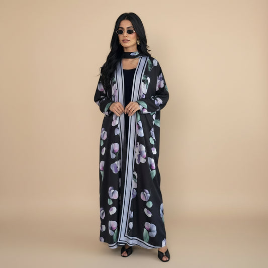 Muslim Women Printed Open Abaya Dress - With A Matching Hijab - Black/White - #26M290